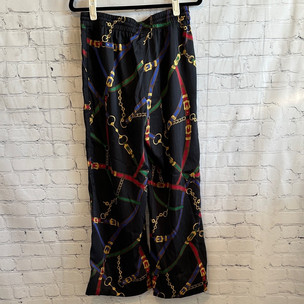 Lauren Ralph Lauren Black Wide-Leg Pants with Multicolor Chain Print - Picture 7 of 9